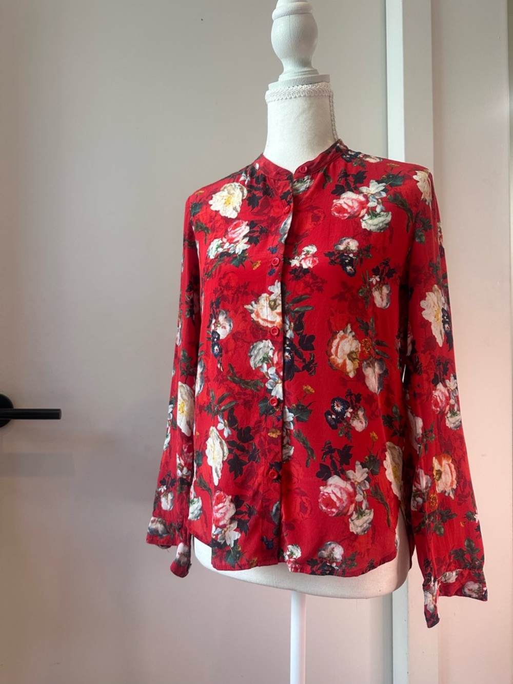 The Kooples Silk Red Floral Button-Up Top
